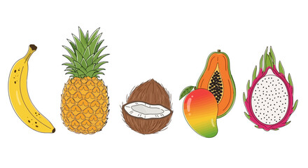 Collection of Colorful Tropical Fruits in Vector Illustration Style, Suitable for Healthy Food Promotion, Recipe Illustration, and Educational Materials.