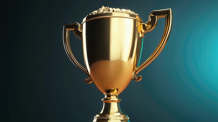 Shiny gold trophy displayed on a wooden surface with a soft blue background, celebrating achievement and excellence in competition