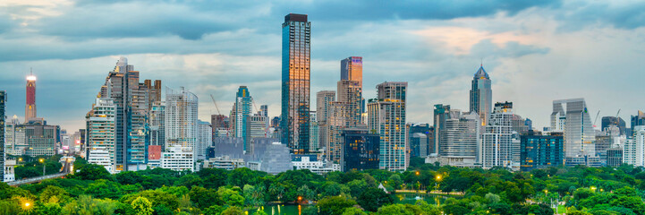 Bangkok city skyline with Lumpini park from top view, Thailand.	