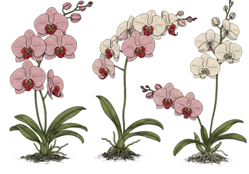 Orchid Flowers Illustration On Transparent Background Botanical Drawing