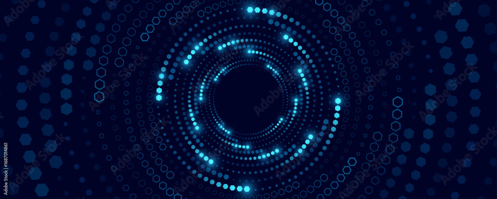 Poster abstract background with glowing blue hexagons in circular vortex pattern. digital technology design
