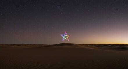 Mesmerizing neon star illuminates vast desert dunes under a breathtaking star-filled night sky, evoking wonder and cosmic exploration