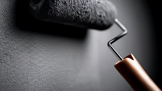Close-up of a paint roller applying fresh coating, symbolizing renovation, finishing works, and precision in construction projects.