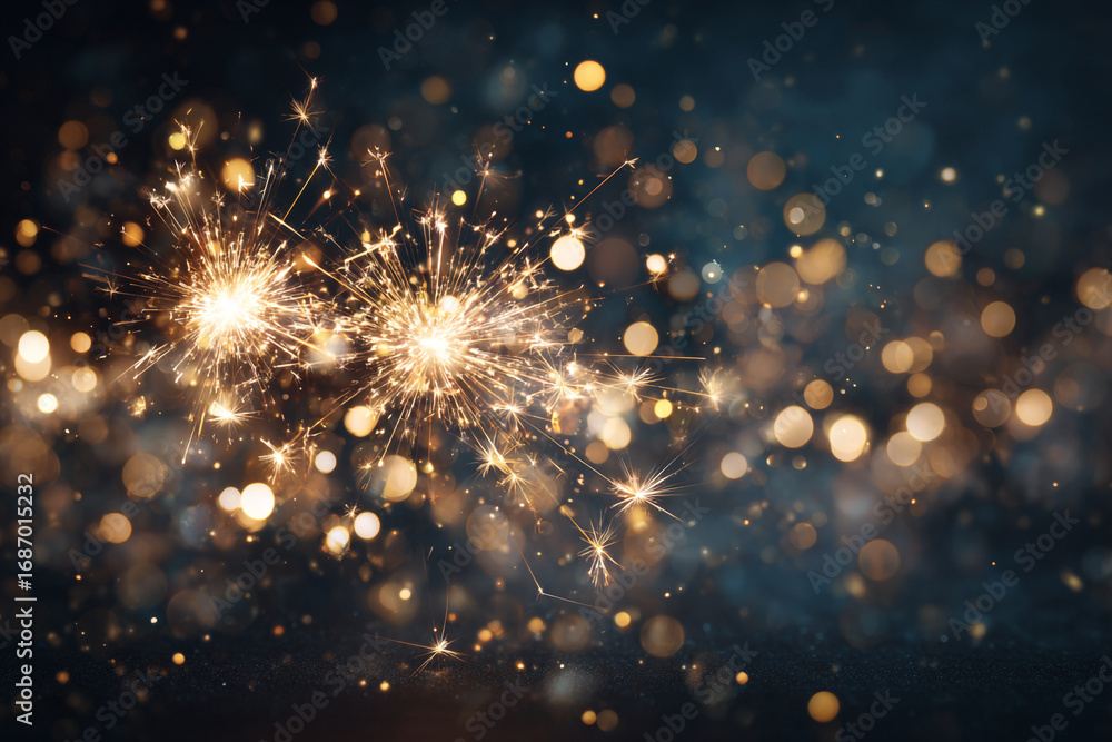 Poster sparkling fireworks light trails on dark background with bokeh lights