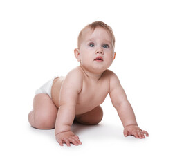 Cute little baby in diaper on white background