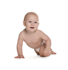 Cute little baby in diaper on white background