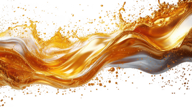 Golden liquid splash isolated on transparent background, dynamic fluid wave with droplets, abstract concept of luxury and movement