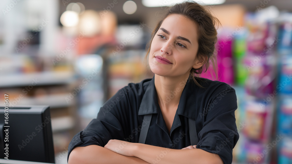 Poster an unhappy female retail assistant standing behind a counter shoulders slightly slumped with a tired