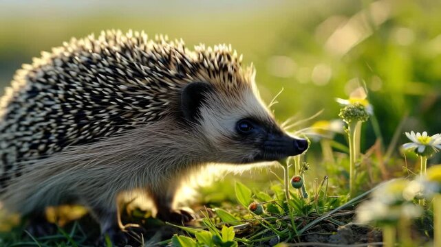 A hedgehog searching for food among grass and flowers.
