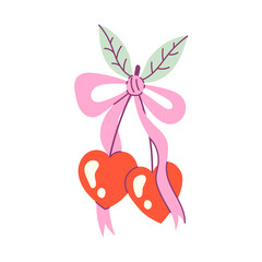 Double Heart Shape Cherry with Pink Ribbon. Cute berries with curly pastel bow  and leaves, flat retro coquette vector illustration for girlcore decorative design