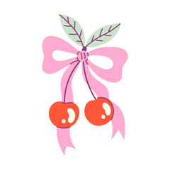 Cherry with Pink Ribbon. Cute hand drawn Fresh Berry with curly pink bow, flat decorative fruit vector illustration. Retro coquette girlcore aesthetic.