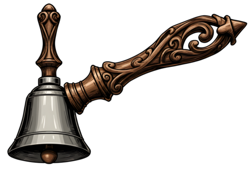 Ornate Bronze And Silver Bell Illustration With Detailed Handle On Transparent Isolated Background