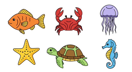 Cartoon illustration of diverse sea creatures for children's educational resources and marine themed designs, suitable for books, posters, and learning materials.