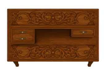 Ornate Carved Wooden Desk Isolated With Brown Details And Drawers