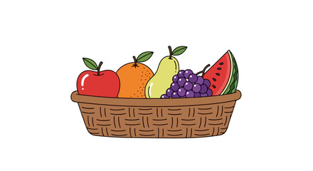 Colorful fruit basket illustration with apple, orange, pear, grapes, and watermelon. Ideal for promoting healthy eating, nutrition education, or grocery store advertising.