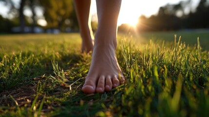 A close-up of bare feet walking on lush green grass during sunset, showcasing the connection between nature and personal well-being, promoting a sense of freedom and tranquility.