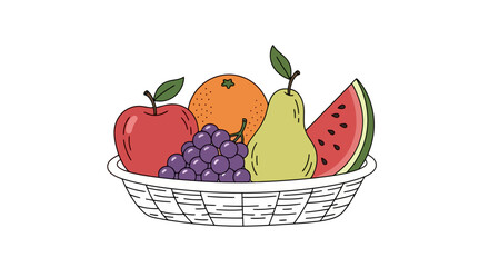 Colorful fruit basket illustration featuring fresh apple, orange, grapes, pear, and watermelon for healthy eating and nutrition awareness campaigns