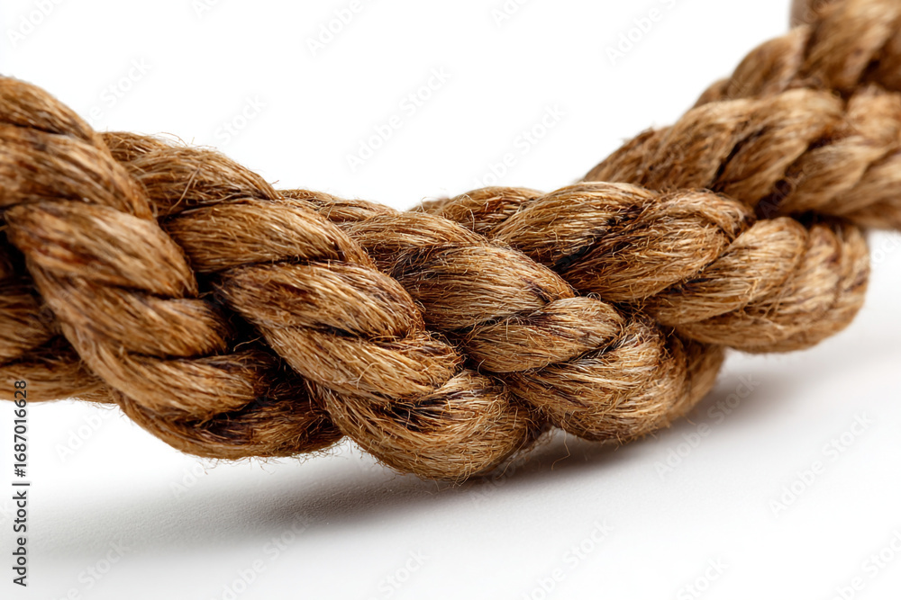 Poster brown twisted rope close up macro shot on white background showing texture and detail