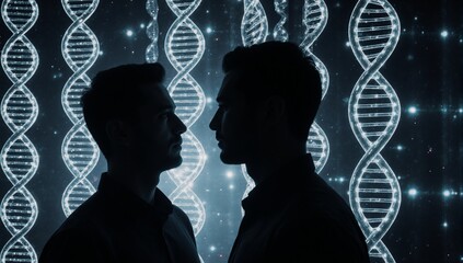 A man silhouetted against glowing DNA helix structures