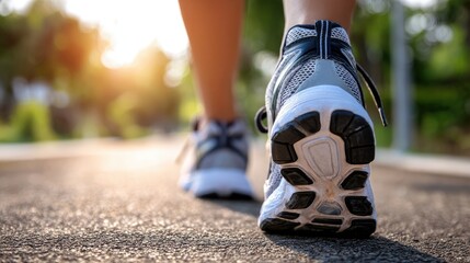 A close-up of a person walking in athletic shoes on a sunny path, highlighting the shoes and the pavement. The scene radiates energy and motivation for an active lifestyle.