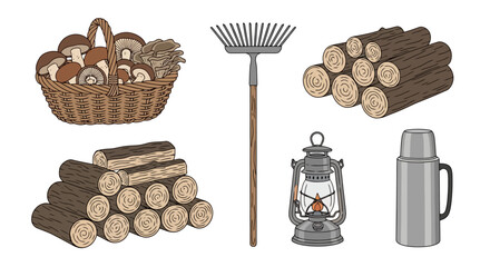 Autumn themed vector illustration featuring a basket of mushrooms, firewood stacks, leaf rake, lantern, and thermos, ideal for seasonal designs