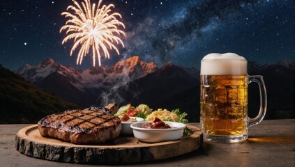 Outdoor nighttime barbecue with grilled pork chop and beer against a backdrop of fireworks over mountain view