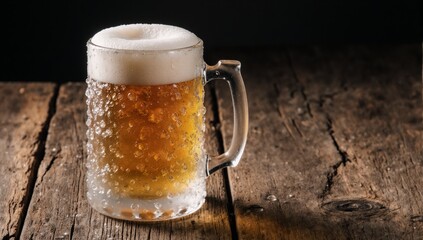 Frothy-headed cold beer in a mug on rustic wooden table