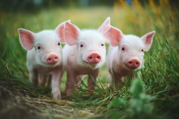 Three adorable piglets in farm field under blue sky and green grass, conveying warmth and joy in natural setting
