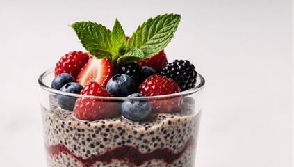 A chia seed pudding with mixed berries and mint on white