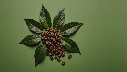 A studio shot of flat lay coffee beans with green leaves against a matte green background