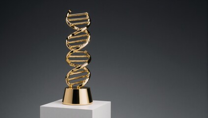 A gleaming golden DNA strand trophy on a white and gold pedestal