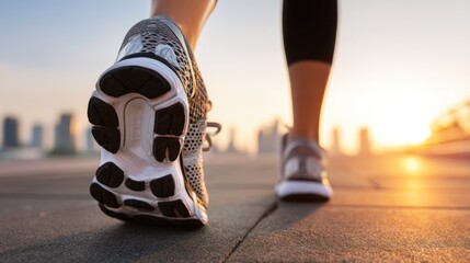 A close-up view of a runner's feet in athletic shoes hitting the pavement during sunset. The dynamic movement embodies fitness and motivation for an active lifestyle.