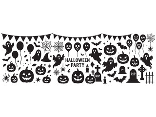 “Halloween party elements silhouette set with balloons, bunting, pumpkins, ghosts, and spooky decorations for celebration.”