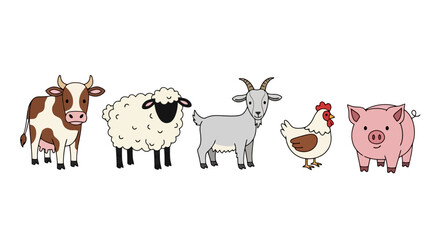 Farm animal illustrations featuring a cow, sheep, goat, chicken, and pig, ideal for educational materials, children's books, or agricultural themed designs.