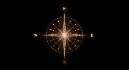 Sparkling golden compass rose glimmers against a starry night sky, symbolizing guidance, direction, and exploration in a magical celestial setting