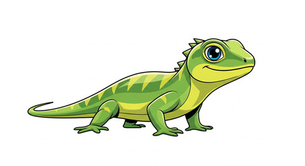 Obraz premium Cute cartoon green lizard with big eyes and a friendly smile, isolated transparent background.