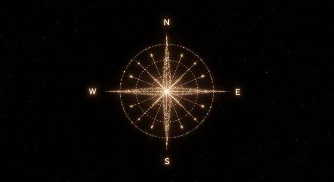Sparkling golden compass rose glimmers against a starry night sky, symbolizing guidance, direction, and exploration in a magical celestial setting