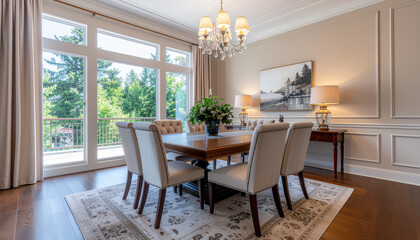Luxury dining room with elegant wooden table, upholstered chairs, chandelier lighting, and large window view