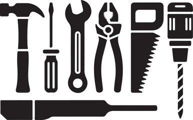 Collection of black silhouettes of common hand tools and power drill