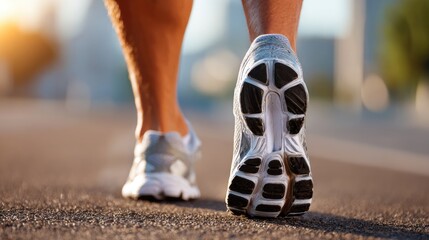 A close-up shot of a person walking on a sunny road, showcasing athletic shoes and a healthy lifestyle. Ideal for fitness, running, and outdoor activity themes.