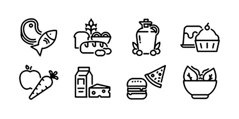 Food nutrition icon set. Thin line editable stroke icons for healthy eating, food categories, diet balance, ingredients, meals, fresh produce, and nutrition plans
