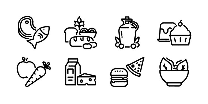 Food nutrition icon set. Thin line editable stroke icons for healthy eating, food categories, diet balance, ingredients, meals, fresh produce, and nutrition plans