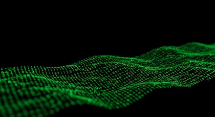 Abstract glowing green digital data points forming a wave pattern on a black background