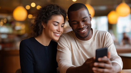 Fototapeta premium A happy couple seated at a café table sharing a smartphone app with smiles and laughter warm light from pendant lamps reflecting across polished wooden surfaces atmosphere of
