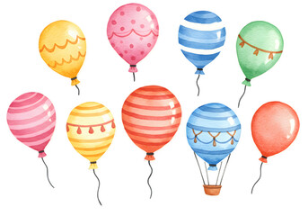 Naklejka premium Watercolor Illustration Of Colorful Balloons Floating In The Air Isolated On Transparent Background