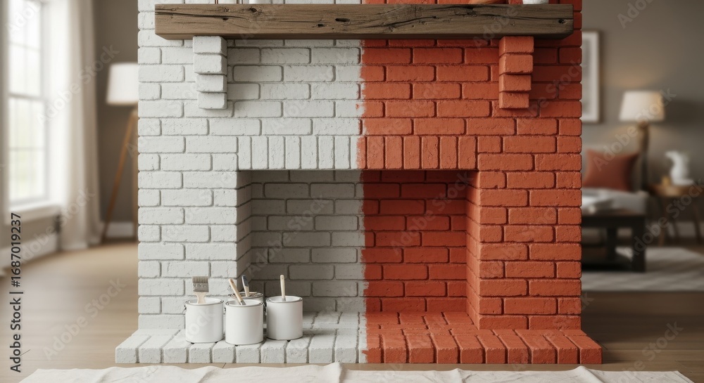 Poster side angle shot of partially limewashed brick fireplace showing progress with half the bricks covere