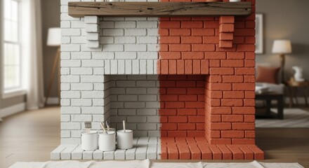 Side angle shot of partially limewashed brick fireplace showing progress with half the bricks covered in light lime finish half raw red.