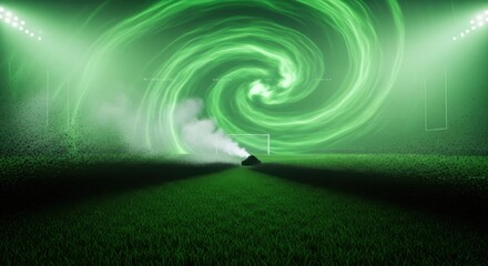 Green Tornado Swirling Over Rugby Field in Stadium with Night Sky