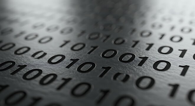 Metallic surface with a sequence of binary code numbers representing digital data and technology