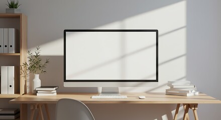 Minimalist home office workspace with a blank computer screen mockup on a wooden desk in sunlight